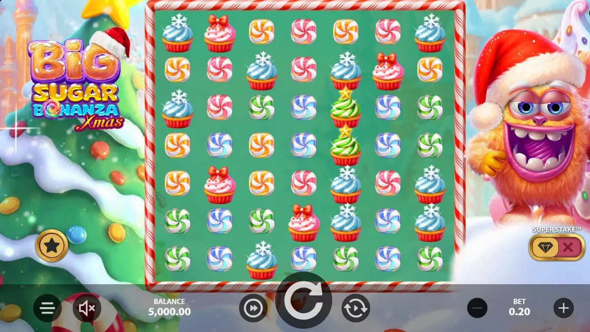 Pemandangan visual slot Big Sugar Bonanza Xmas dengan tema Natal dan permen